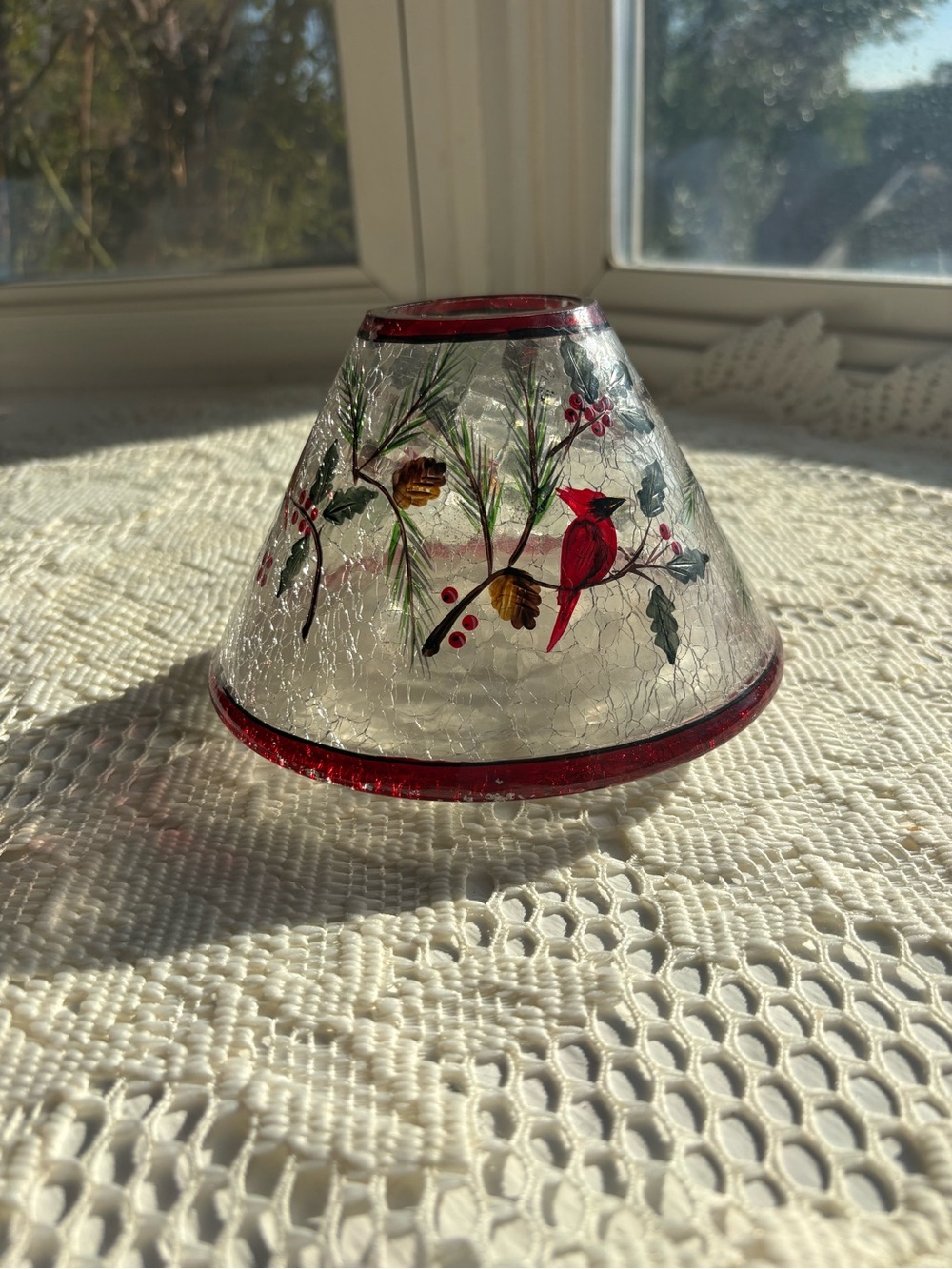 Hand-Painted Cardinal Glass Candle Shade - Red Accent